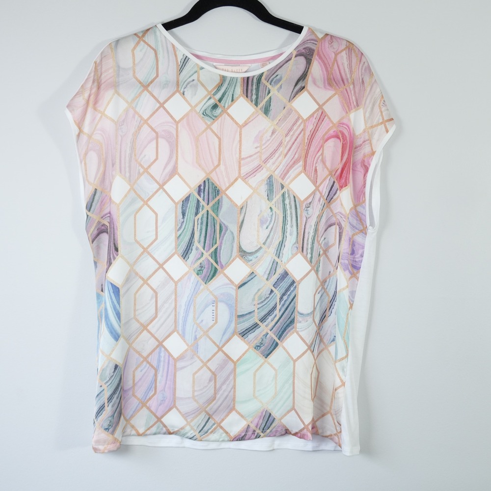 Ted Baker London Marble Print Geometric Top Lyocell Mixed Media Blouse Size 3